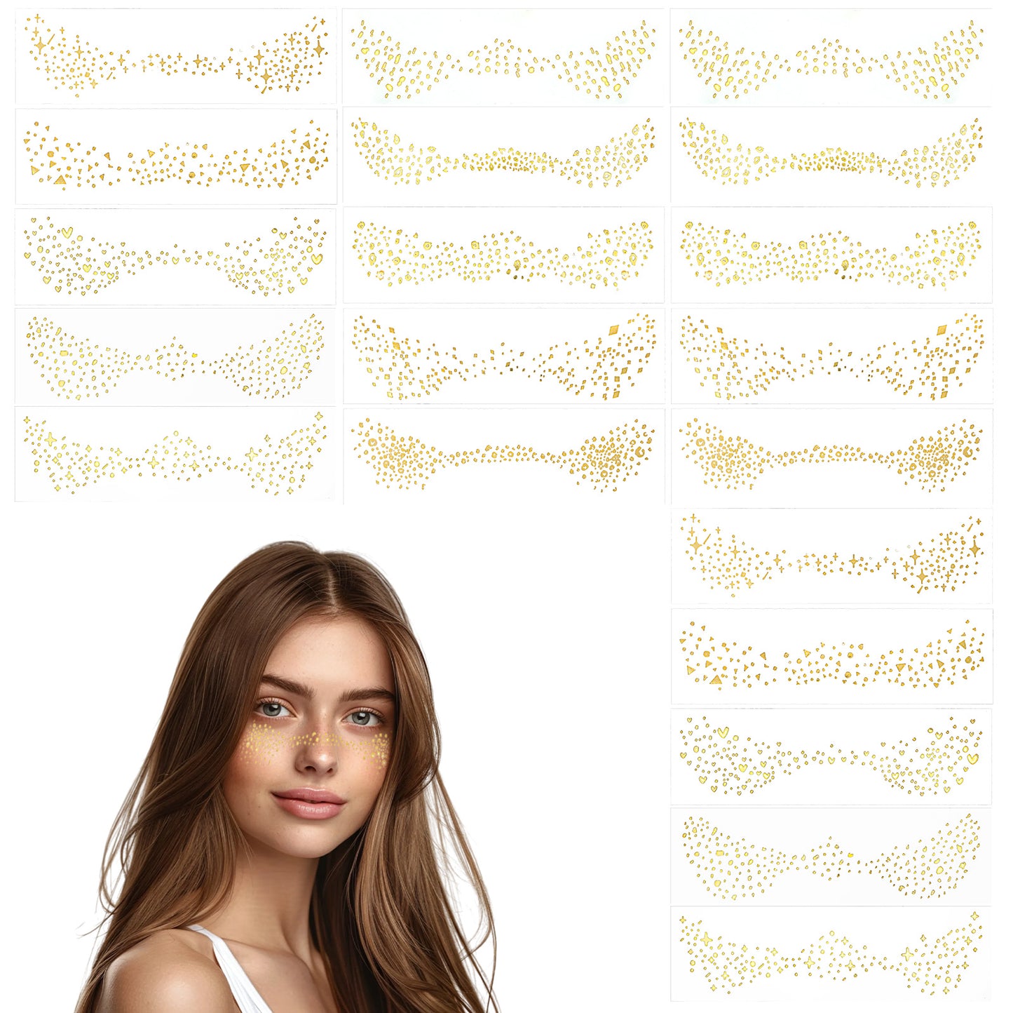 Guduling 20pcs freckle tattoo, gold freckles temporary face tattoos, sparkle freckles, star freckle glitter tattoos for Women, festival makeup carnival party accessories, (10 styles)