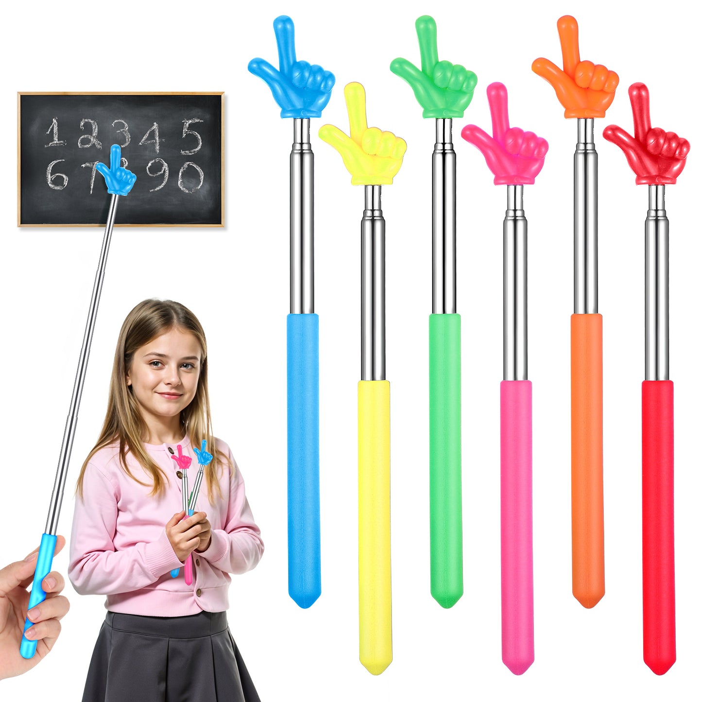 Classicseali 6PCS Finger Pointer Stick, Hand Pointer Stick Retractable 2 Fingers, Multifunctional Teacher Pointers Sticks, Classroom Supplies for Primary School and Kindergarten Teachers, 6 Colors
