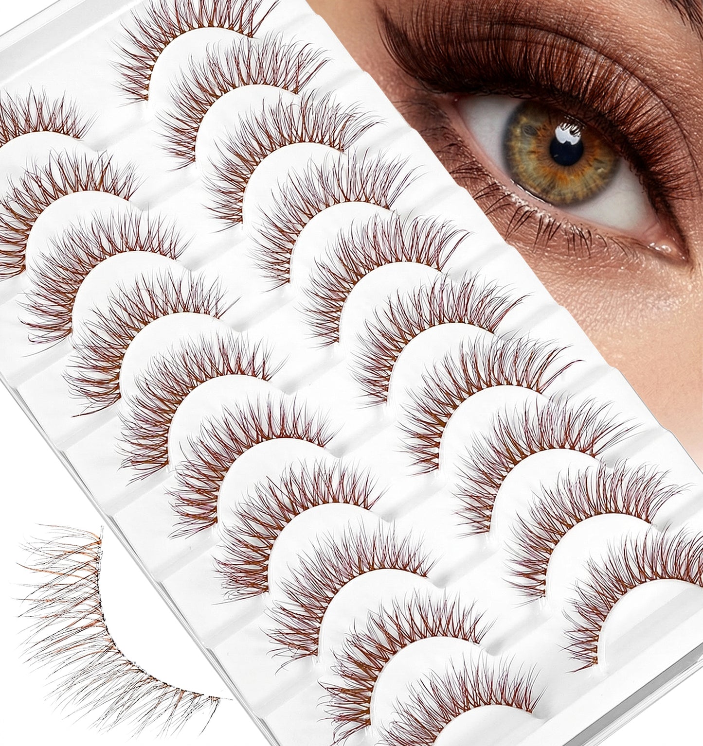 Brown Eyelashes, 10 Pairs Brown False Eyelashes Cat Eye Wispy Lashes, Faux Mink Cat Lashes with Clear Band for Beginners & Professionals