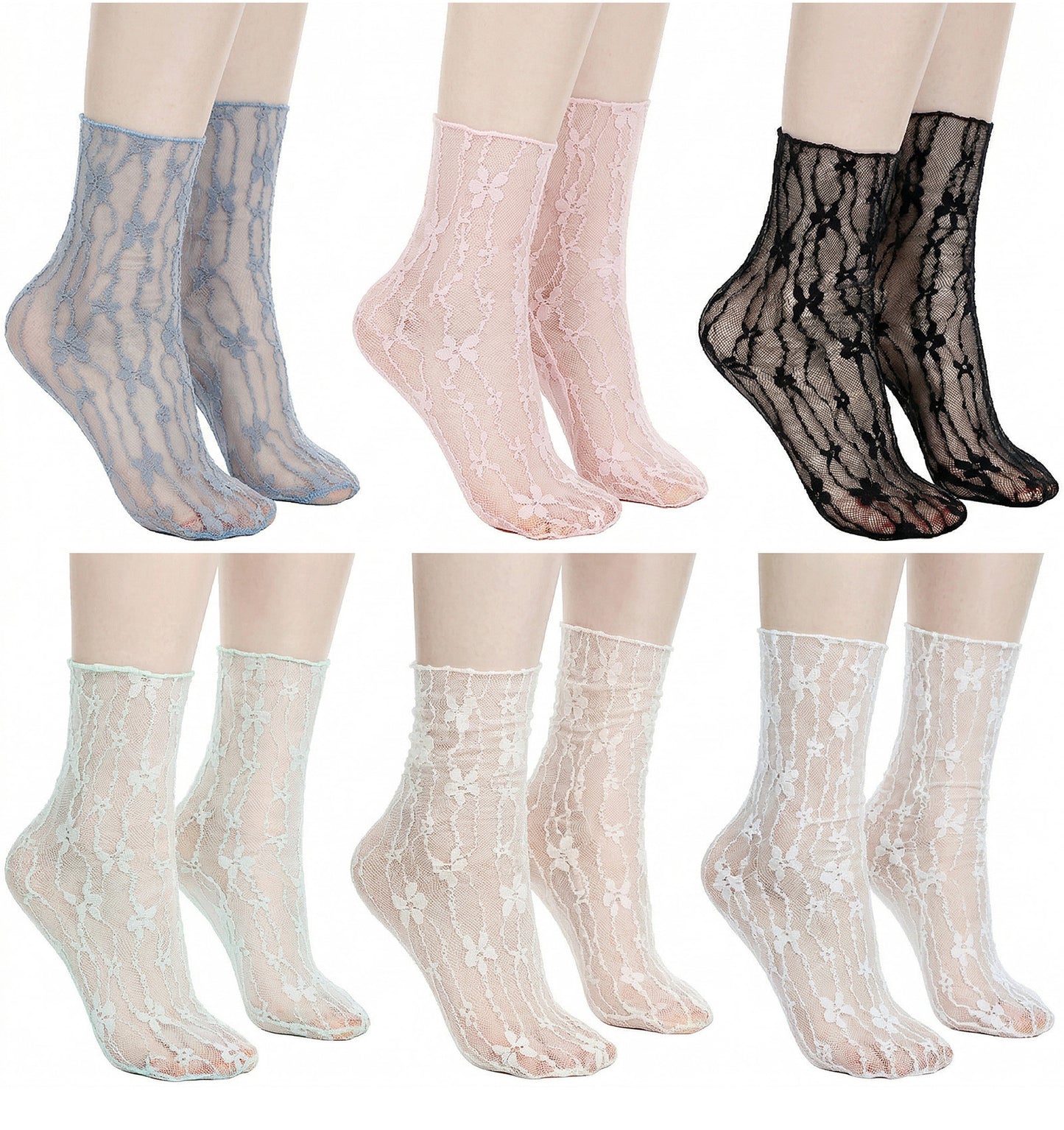 FRCTLNKG 6 Pairs Lace Socks, Ruffle Frilly Lace Socks