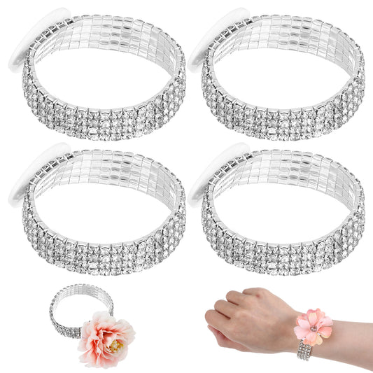 Classicseali 4pcs Wrist Corsage Bracelets, Rhinestone Elastic Corsage Wristlet Band for DIY Wedding Wrist Corsage, Accessories Bracelets for Wedding Decor Prom Ceremony Anniversary Bridal Shower Party