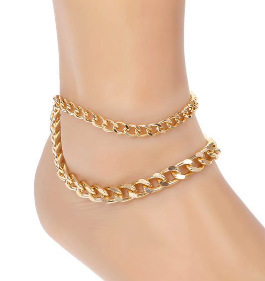 ValueBargain Anklets for Women Gold, 2-Pack Gold Cuban Link Anklets for Women, Waterproof, Minimalist & Adjustable, Dainty Layered Ankle Bracelets for Stylish Jewelry