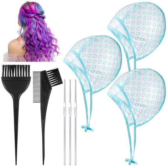 Oruola 3pcs Highlight Caps for Hair,Highlight Cap Kit,Highlight Cap with 3 Metal Hook and 2 Hair Dye Comb & Brush for Salon Hair Dyeing Hairdressing and DIY Dyeing Hair,Highlighting Cap Blue