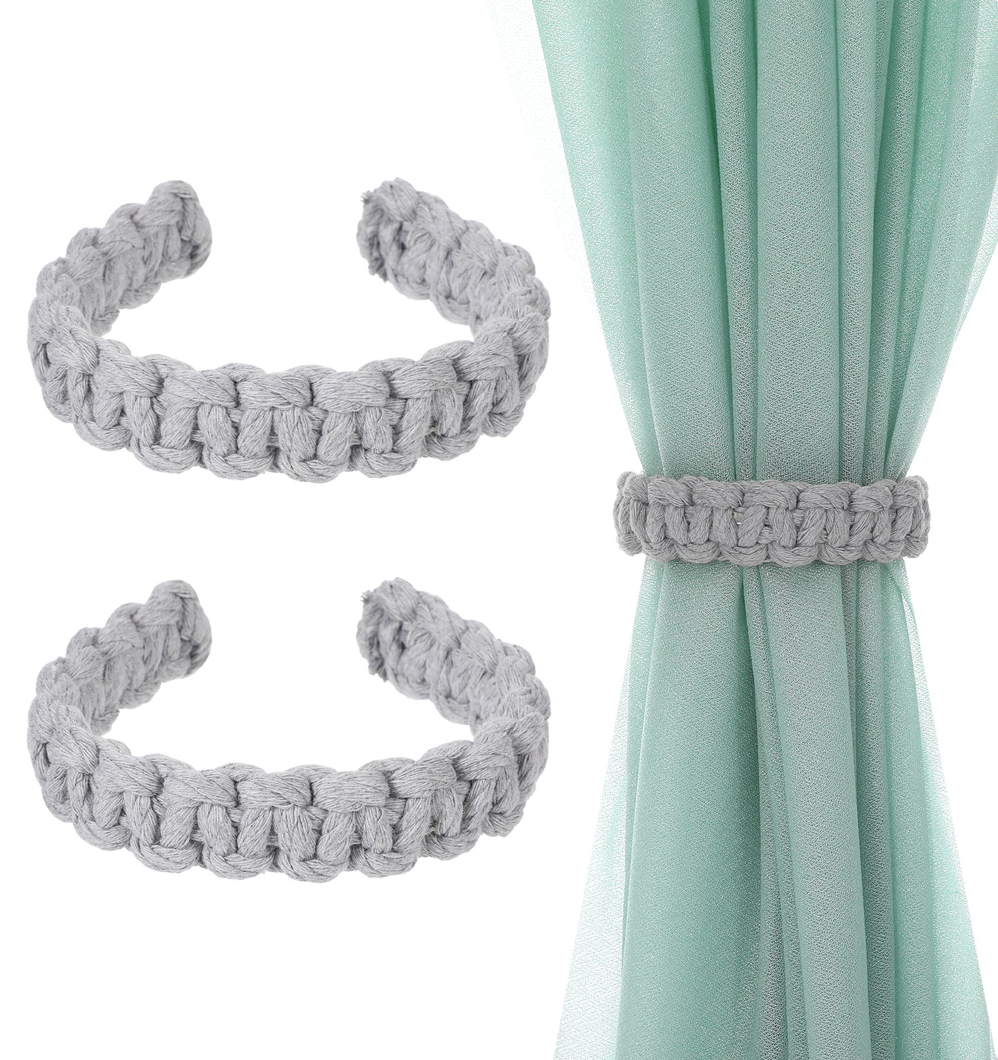 Boho Curtains, 2Pcs Elegant Gray Boho Curtain Tiebacks Gray Braided Rope Holdbacks for Indoor & Outdoor Drapes, Rustic Window Curtain Holder Decorative Accessories for Home & Office, No Drill