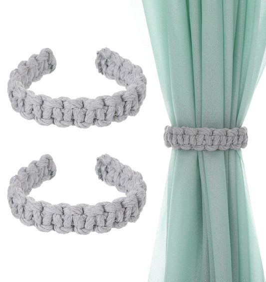 Boho Curtains, 2Pcs Elegant Gray Boho Curtain Tiebacks Gray Braided Rope Holdbacks for Indoor & Outdoor Drapes, Rustic Window Curtain Holder Decorative Accessories for Home & Office, No Drill