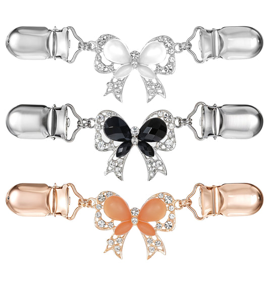 Cardigan Clips for Women, 3Pcs Metal Bow Waist Cinch Clip for Dresses Sweater, Non-Slip Stop Gaping Perfect for Travel & Everyday Wear Vintage Bow Style, Easy to Use, Black Silver Gold