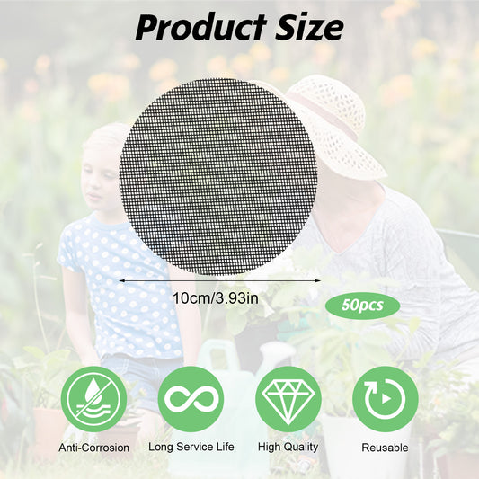 oruola 50pcs Flower Pot Hole Mesh Pad, 4 Inch Round Black Plant Pot Mesh Drainage Screen, Prevent Soil Loss, Bonsai Bottom Plant Drainage Insert for Garden Outdoor Potted Plants