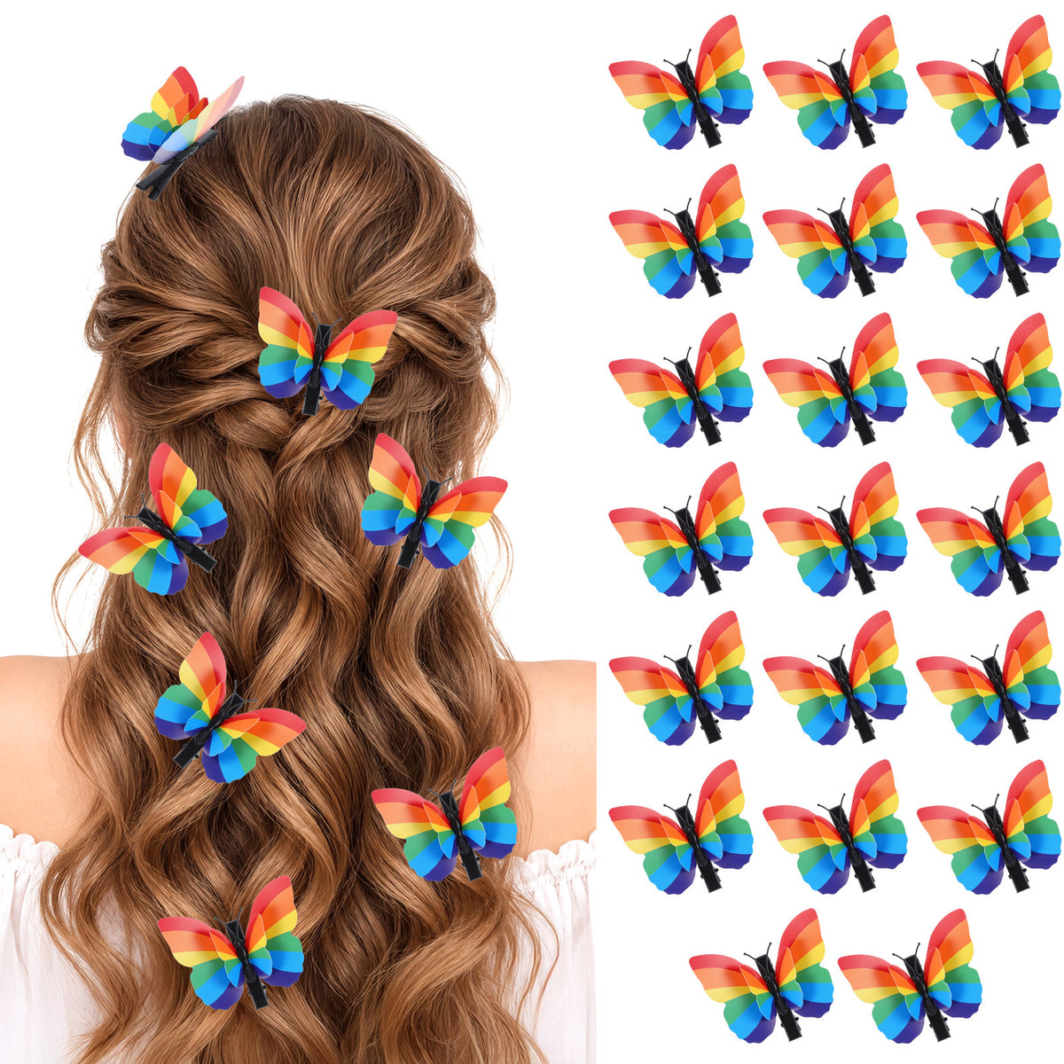 Oruola 20 Pcs Pride Rainbow Butterfly Hair Clips,Butterfly Barrettes Clips