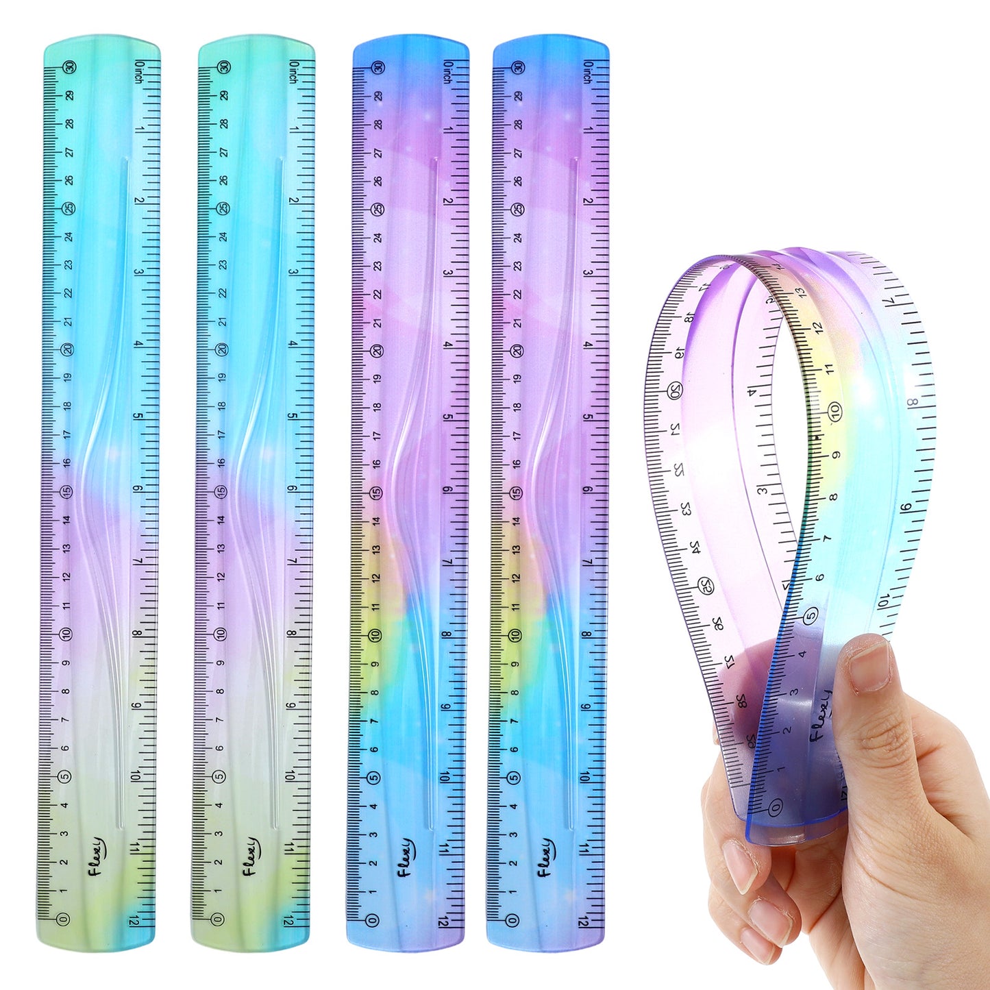 Classicseali 4pcs Bendy Ruler, 30cm Ruler with Centimeters and Inches, Gradient Colour Soft Bendable Flexible Rulers, Rubber Plastic Rulers for Student School Classroom Office