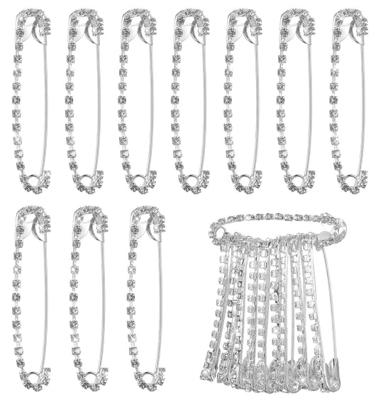 10 Pcs Silver Rhinestone Safety Pins, Decorative Brooches for Women’s Clothing, Ideal for Sarees, Skirts, Sweaters, Scarves & Hat Accessories