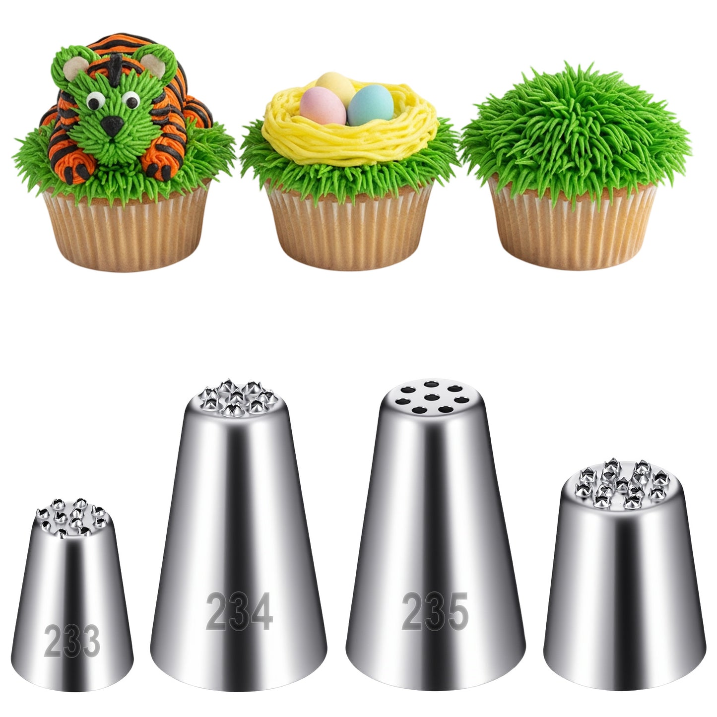 Elegaperma 4 PCS Grass Piping Nozzle, 304 Stainless Steel 233, 234, 235, M24 Piping Tips with 4 Multi-Hole Cake Pipings Kit for Grass, Fur and Floral Cake Designs