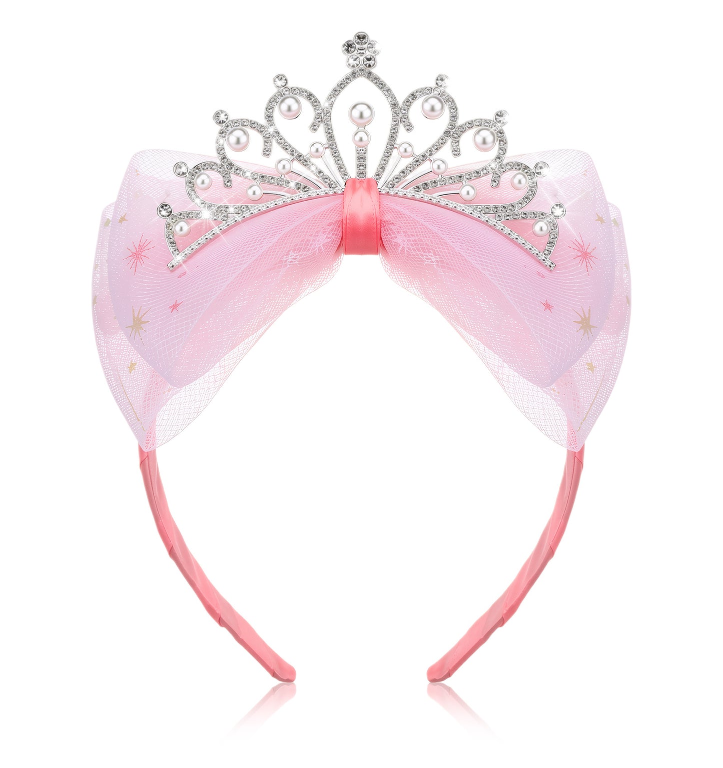 Princess Crown Headband, Tiara Crown Headbands for Girls with Tulle Bow for Birthday Gifts, Fairy Pink Princess Headband Hair Accessory