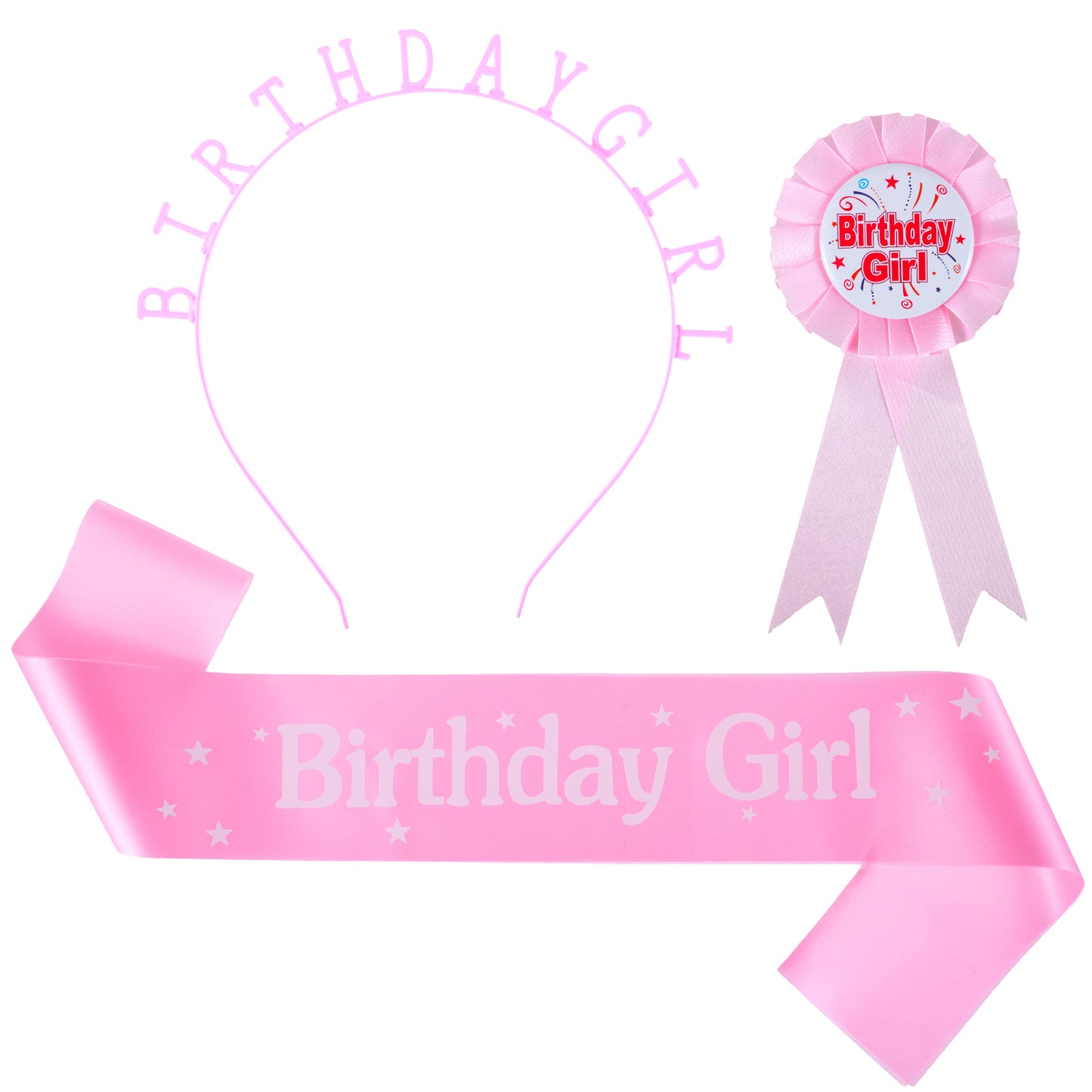 Oruola Birthday Girl Headband, Birthday Girl Sash, and Birthday Badge Girl Set - Pink Birthday Decorations for Kids and Women - Includes Tiara, Sash, and Badge for Birthday Party Supplies