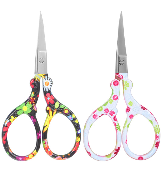 Small Embroidery Scissors with Glue Protection Tube, Suitable for DIY Handicraft and Embroidery, Stainless Steel Crane-Shaped Scissors, Black and White Flowers,