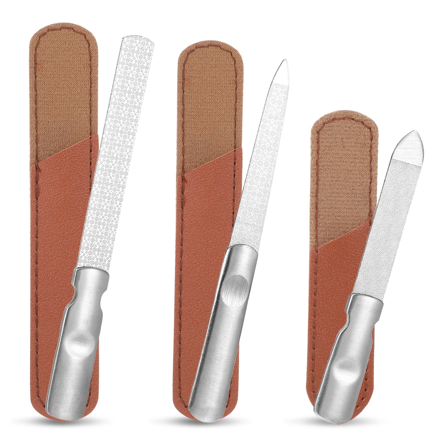Oruola 3pcs Metal Nail Files, Stainless Steel Nail File with Non-Slip Handle, Double Sided Silver Mens Nail File with Protective Bag for Men,Women, Salon, Travel Use, Professional Manicure Tools