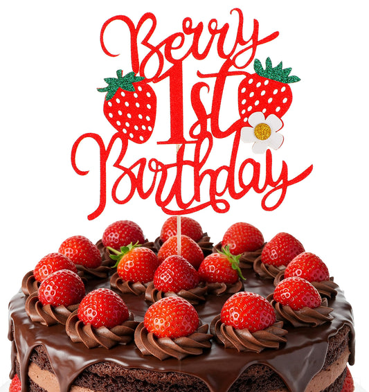 Strawberry Cake Topper, Berry 1st Birthday Cake Topper with Flower Sweet Fruit Theme Cakecup Pink with Glitter Accents for First Birthday & Strawberry-Themed Events