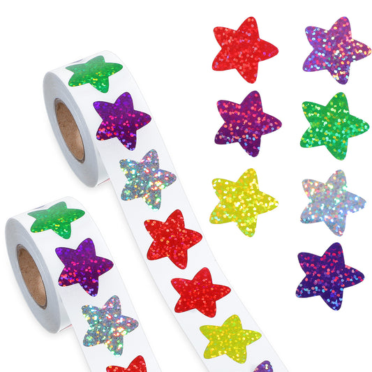 Classicseali 1000pcs Stars Stickers, Sparkly Star Stickers for Kids Reward, 1 Inch Self Adhesive Colorful Foil Glitter Sticker for Birthday Party Decoration, Valentine, Wedding, Classroom (2 Rolls)