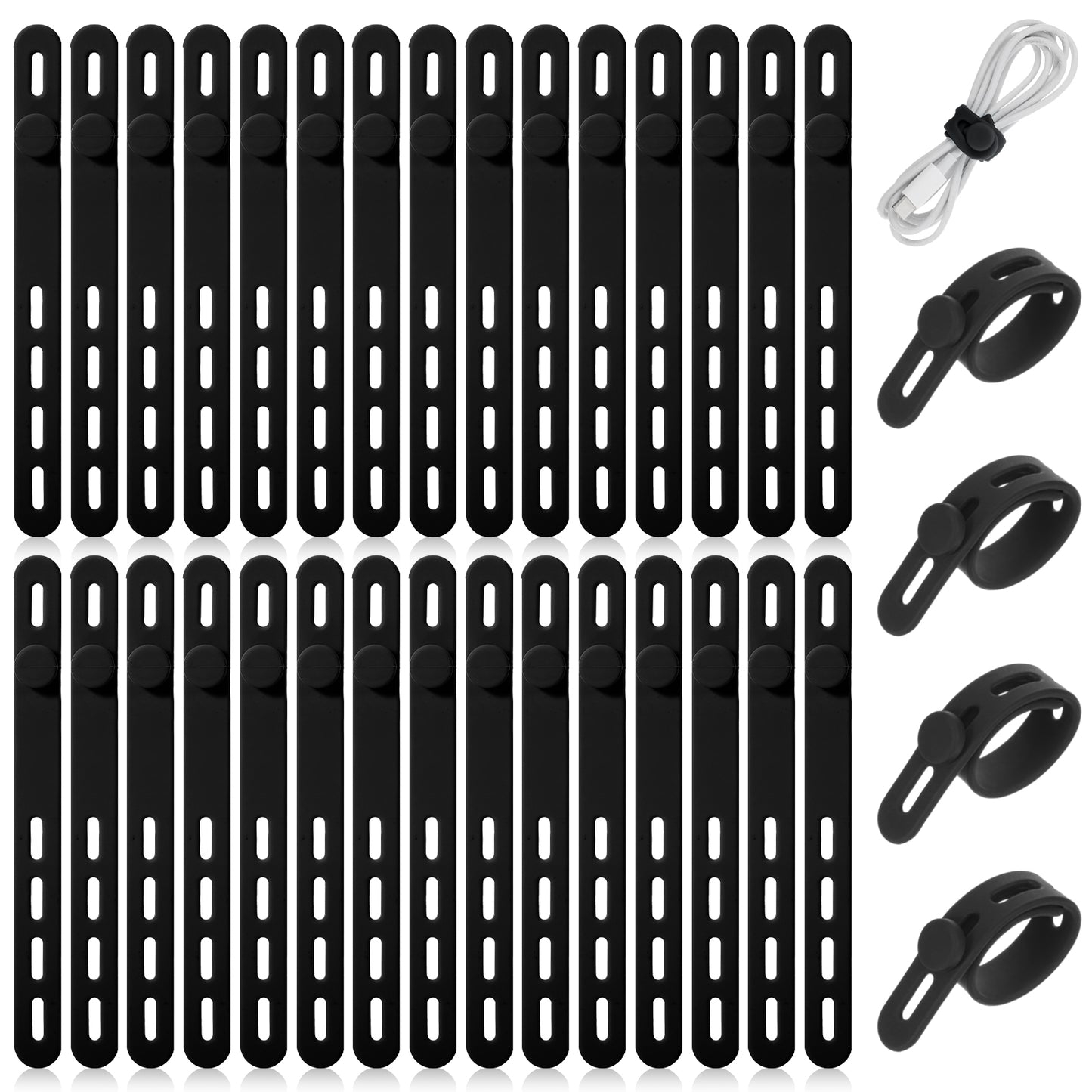 Classicseali 30 Pcs Silicone Cable Ties Reusable,Multipurpose Silicone Cord Ties,13mm Reusable Silicone Cable Ties,Adjustable Locking Buckle for Home & Office Cord Management,Black