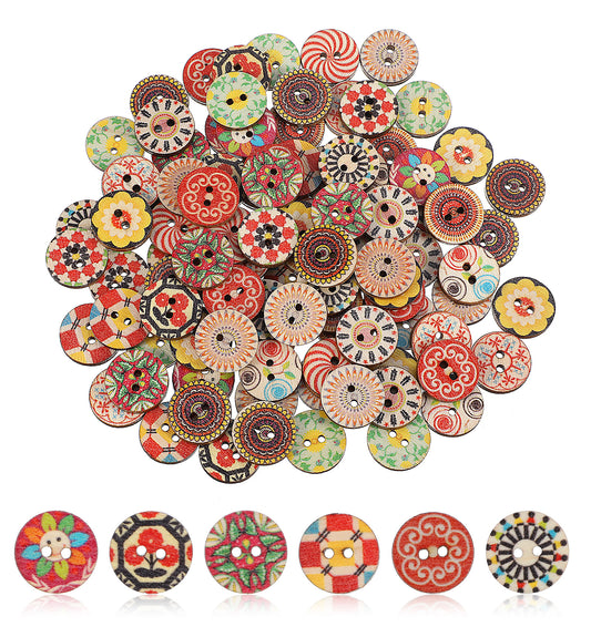 200 Pcs Wood Buttons, Vintage Buttons with 2 Holes, 1.5cm (0.59 Inch) Round, Assorted Floral Patterns, for Sewing, Knitting, Crocheting & Scrapbooking