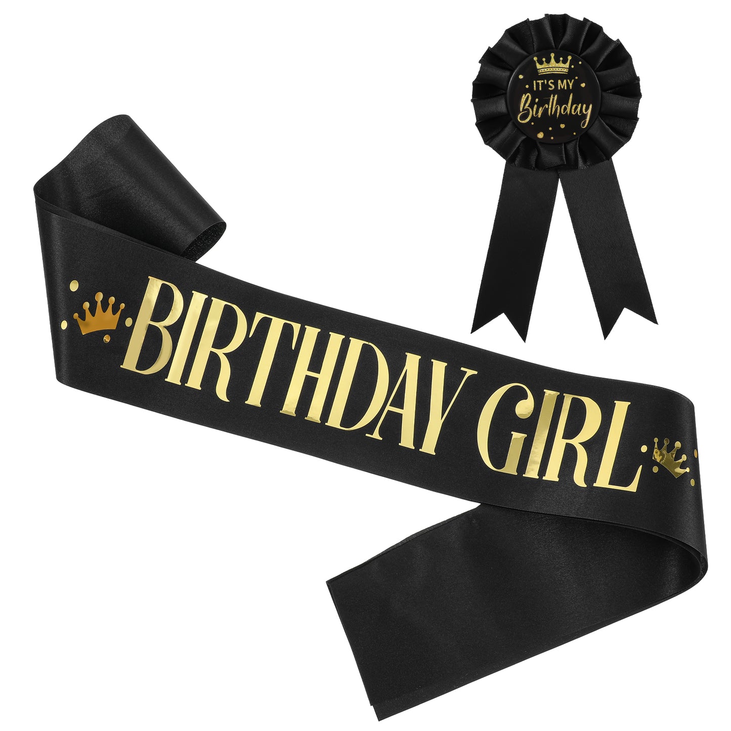 Oruola 2pcs Birthday Girl Sash and Badge,Black Gold Birthday Sash and Badges,Party Supplies for Women, Birthdays Girl Accessories Sash Badge Set for Children Girls Party Decoration