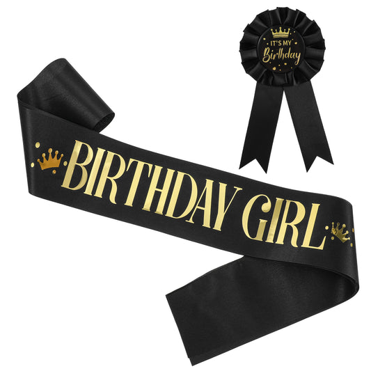 Oruola 2pcs Birthday Girl Sash and Badge,Black Gold Birthday Sash and Badges,Party Supplies for Women, Birthdays Girl Accessories Sash Badge Set for Children Girls Party Decoration