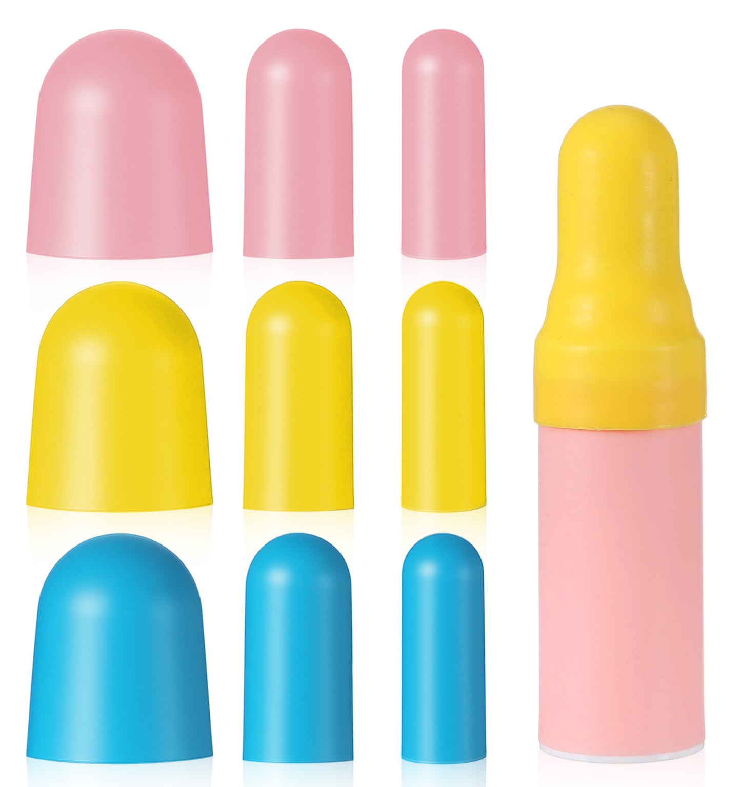 Thrymme 9 PCS Silicone Bottle Covers, 3 Sizes Elastic Travels Silicone Bottle Caps, Toiletries Protection for Luggage (Yellow, Pink, Blue)