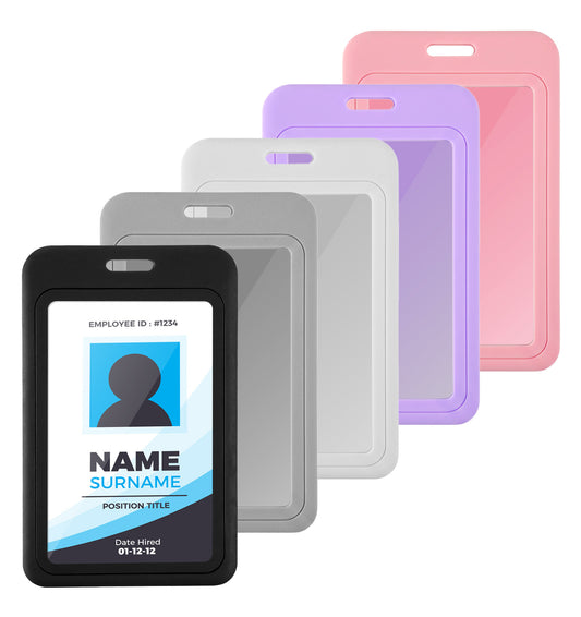 5Pcs Sliding ID Badge Holder, Hard Plastic Vertical ID Card Protector with Clear Window for Lanyard Office Workplace Access Key Cards