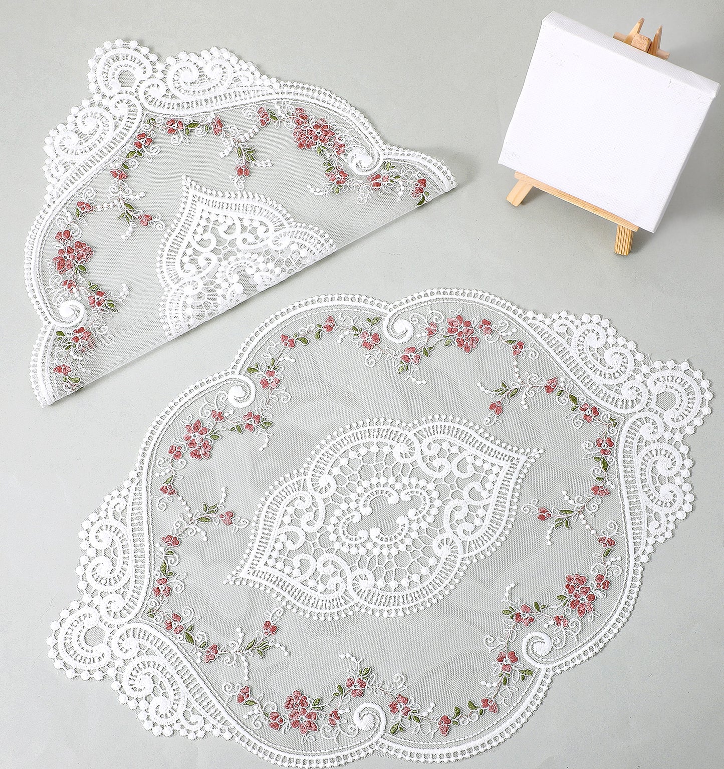 Flower Lace Doilies, 2 Pack Crochet Placemats Handmade Embroidered Retro French Style, Floret Lace Vase Mats for Furniture Nightstand Room Decor 15x10 Inch White