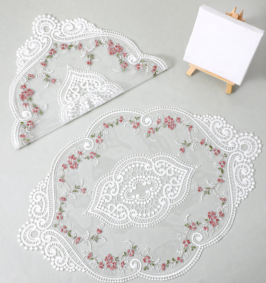 Flower Lace Doilies, 2 Pack Crochet Placemats Handmade Embroidered Retro French Style, Floret Lace Vase Mats for Furniture Nightstand Room Decor 15x10 Inch White