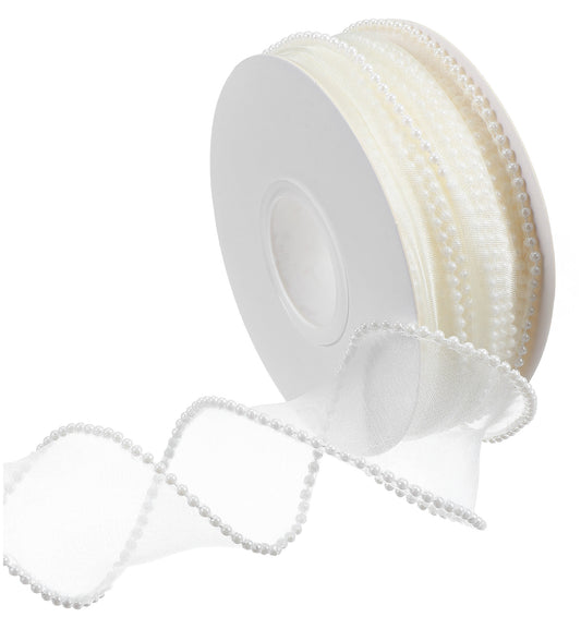 5 Yards White Ribbon for Gift Wrapping, White Organza Ribbon with Pearl Edges Wire, Fishtail Sheer Transparent Ribbons for Gift Wrapping, Christmas, Bows, Bouquet Decor Wedding Bridal Decorations