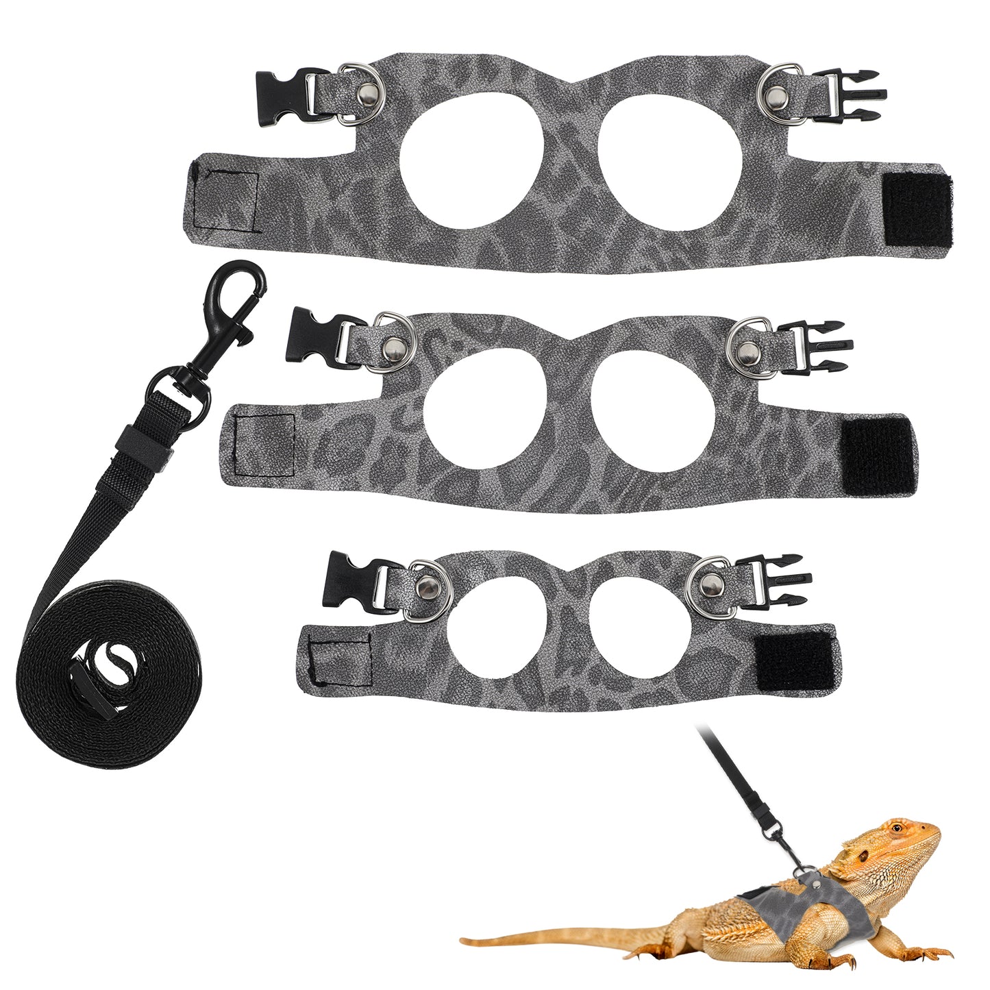 Classicseali 3 Pack Bearded Dragon Leash and Harness Set, 3 Size Adjustable Soft Bearded Dragon Harness with Retractable, Lizard Leash for Small Animal Outdoor Walking(S, M, L)