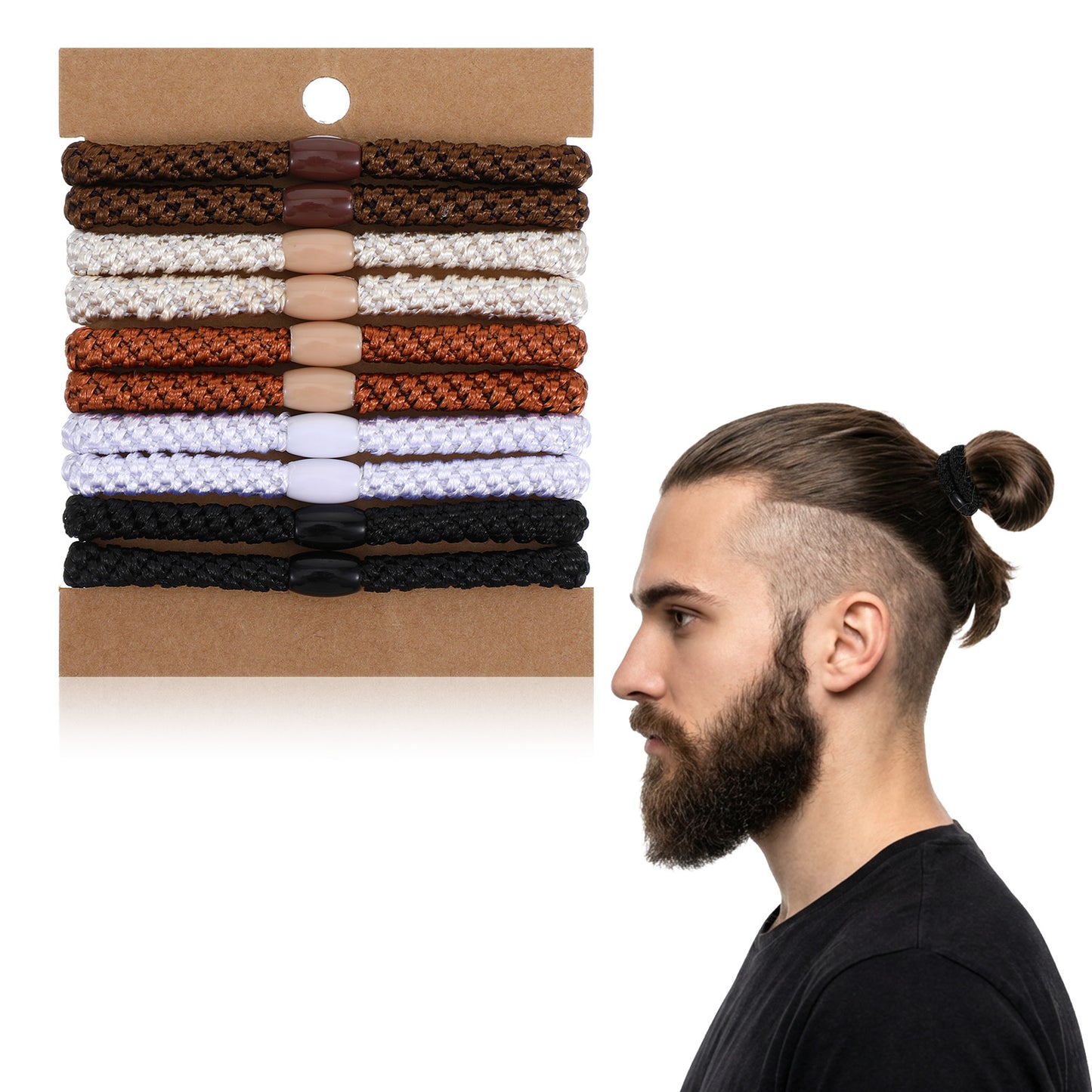10 Pack Mens Hair Ties, Braided Hair Ties for Men with Smooth Beads for Long Hairs, Adjustable & Secure Hold (Multicolor)
