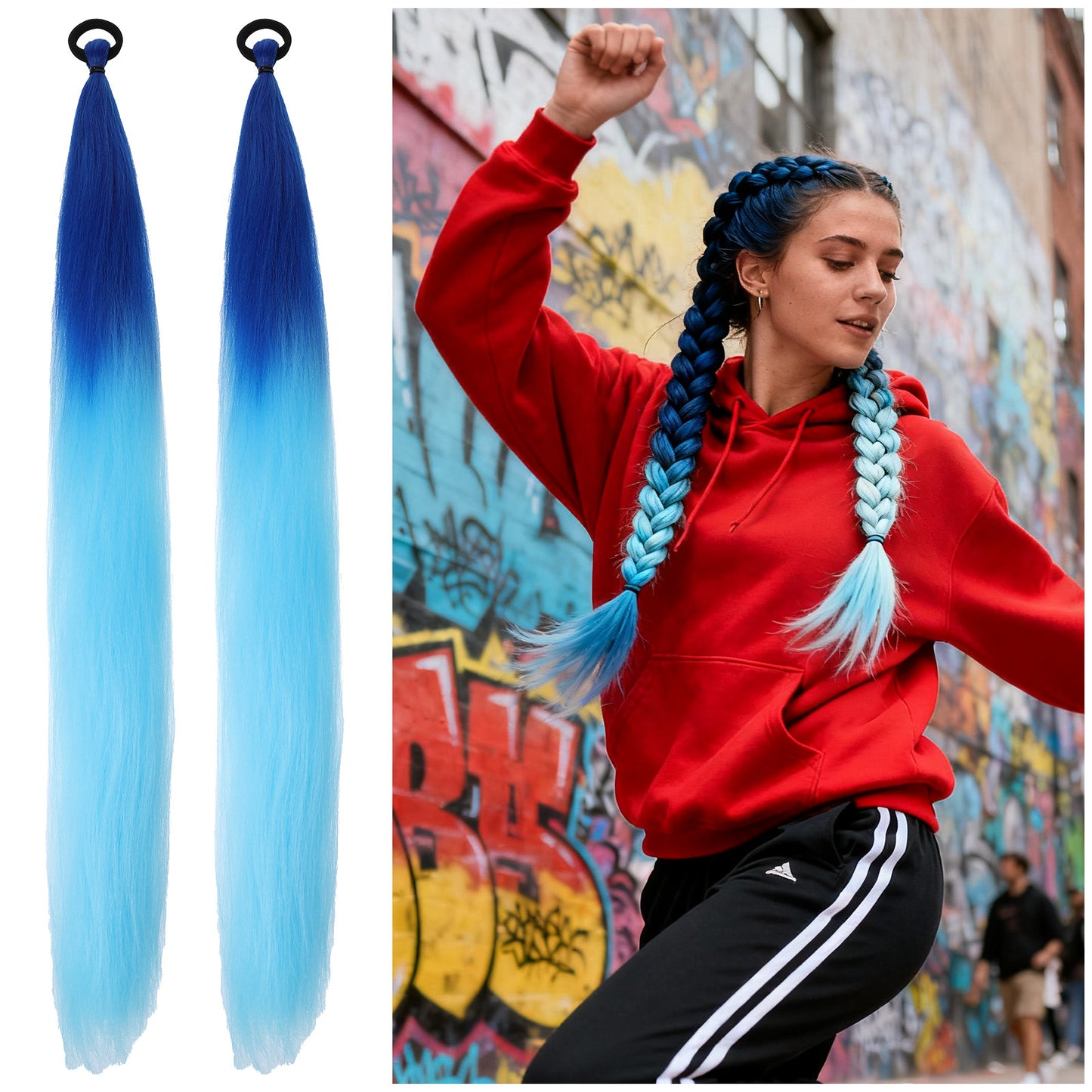 Elegaperma 2Pcs Rave Hair Extensions, Gradient Blue Synthetic Festival Hair with Elastic Band, 26 Inch Bubble Braids Hairs Extensions for Raves, Cosplay, Parties, Daily Use (Gradient Blue)