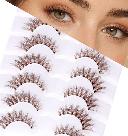 7 Pairs Brown Eyelashes, Brown Strip Lashes 6D Wispy Curl