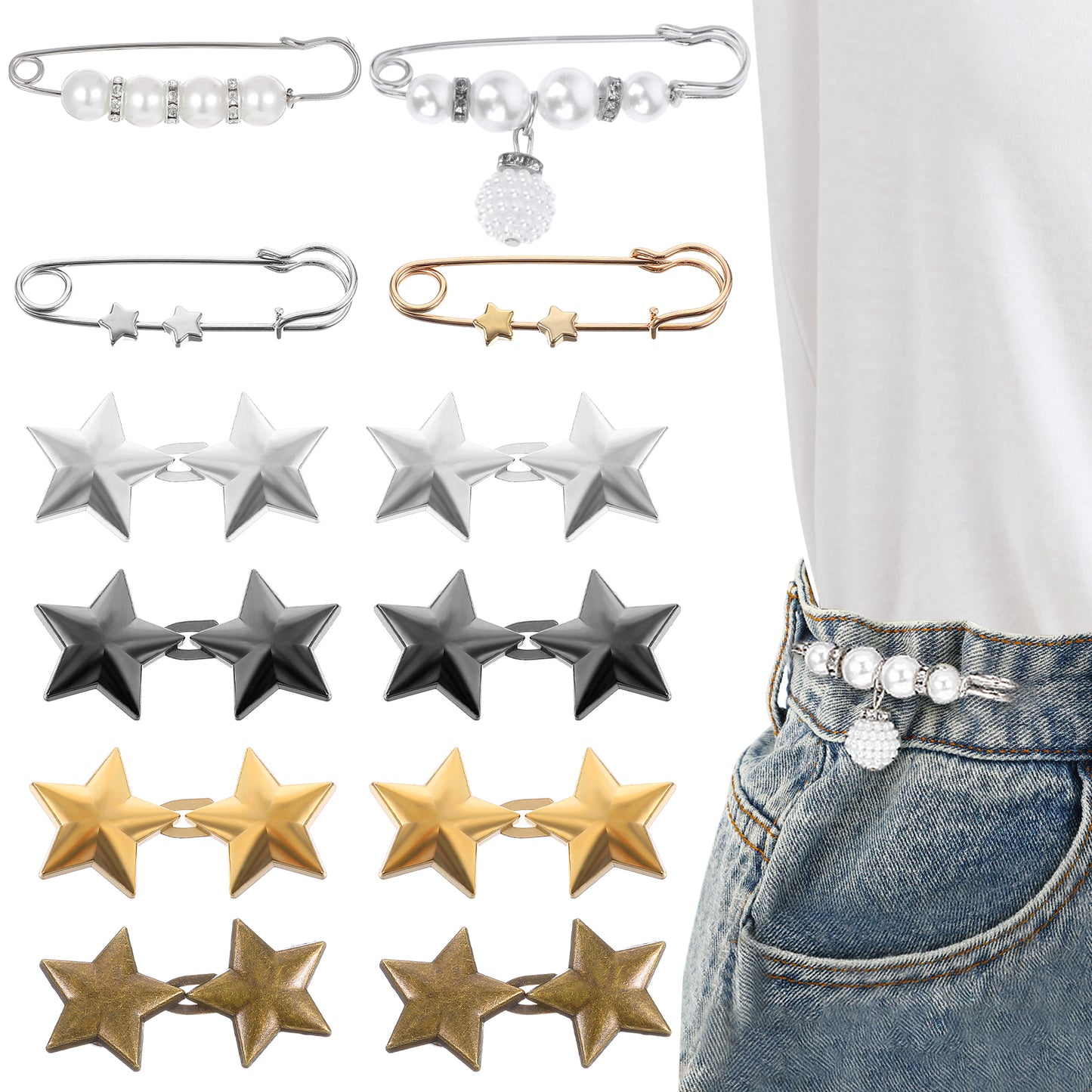 Oruola 12 Sets Jean Tightener for Waist,Pant Waist Tightener,Star Jean Buttons for Loose Jeans,Button Pins for Jeans Clothing Dresses Skirts No Sewing Decoration Accessories