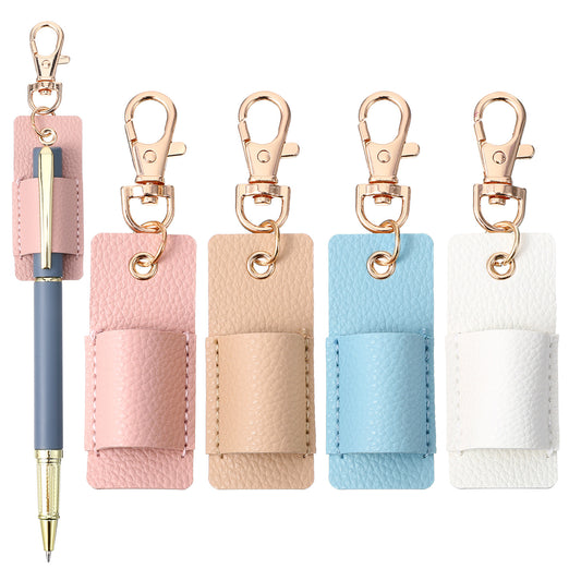Guduling 4 Pcs Lanyard Pen Holder, PU Leather Pen Holder for Lanyard with Zinc Alloy Clip, Anti-Lost Design for Badge Reels Nurses Office Supplies (Beige, Pink, Blue, White, 10 x 2.7 x 1.5 cm)