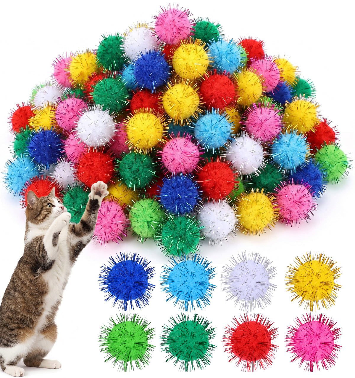 Thrymme 60 PCS Cat Pom Pom Balls, Sparkle Puff Cat Ball Toy (1.2 Inch)