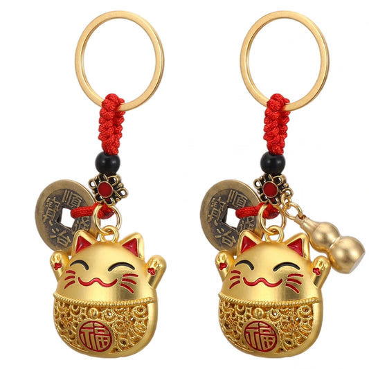 2 PCS Lucky Cat Keychain, Cat Keychain with Five Emperors Feng Shui Coins
