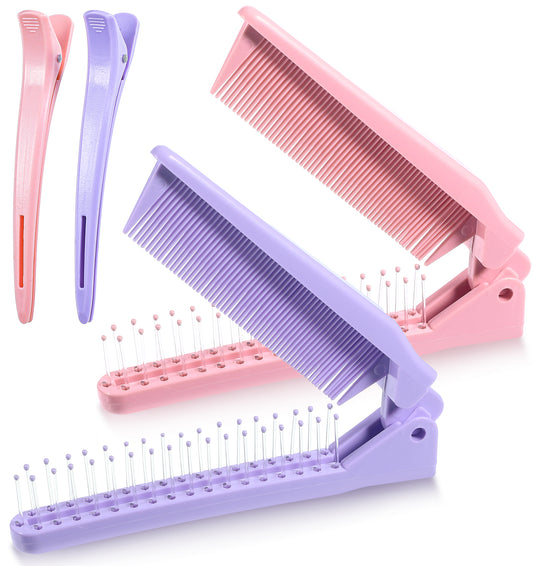 2 Pack Folding Comb, Mini Foldable Brush for Purse, Travel Size Hair Comb for Women & Girls, Compact & Lightweight for Bags, Pocket, On-the-Go (Pink & Purple)