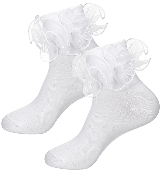 ValueBargain Womens White Ruffle Socks, White Frilly Socks with Lace Frilly Edge, Soft Cotton Blend Breathable for Women Girls