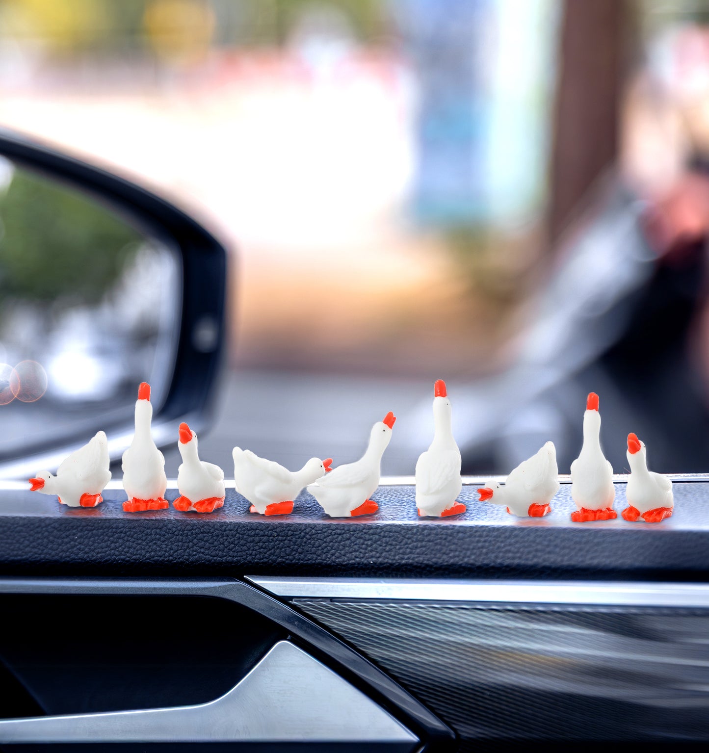 Geese, 9Pcs Rubber Goose, Mini Goose Statue Dashboard Decoration Cute Car and Office Accessories for Rearview Mirrors, Windows