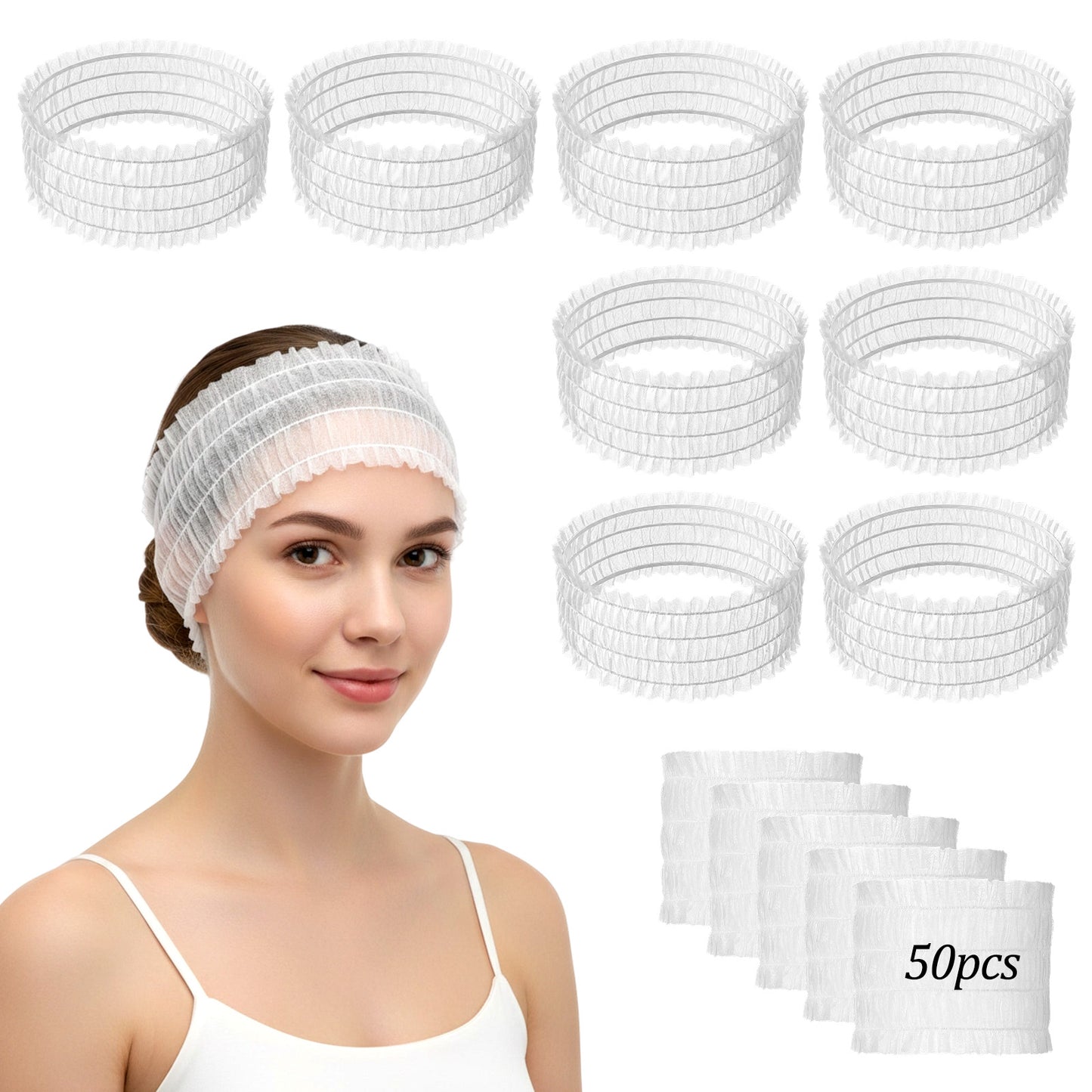 Guduling 50 Pcs Disposable Headbands for Facials,Elastic Disposable Headbands,Facial Headband Non-woven,Soft Skin Care Essential Headband for Spa Hair Salon Makeup Beauty Accessories