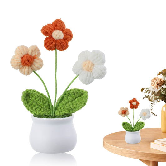 Classicseali Crochet Flower Bouquet, Hand Woven Knitted Flowers, Cute Crochet Plant, Mini Potted Yarn Woven Puff Flowers, for Home and Office Desktop, Car Decoration
