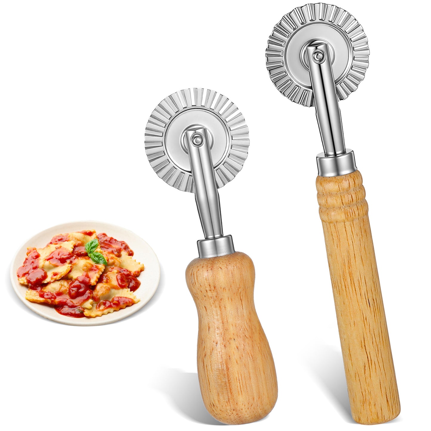Elegaperma 2 Pcs Pastry Cutter Wheel, Fluted & Plain Edge Set with Wood Handle Ravioli Cutters, Essential Pasta Cutter Wheel for Pastry Pie Crusts and Baking