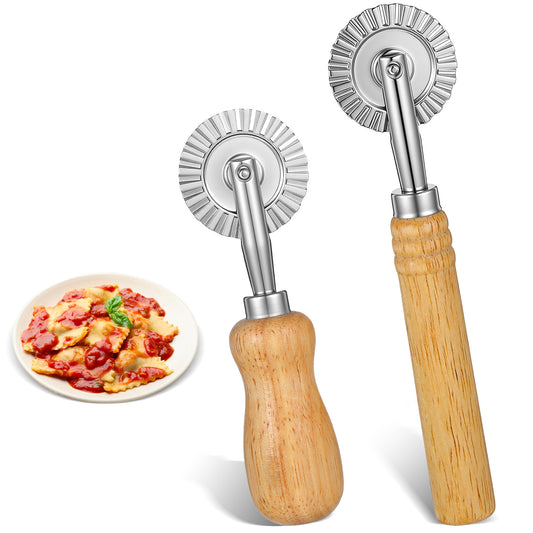 Elegaperma 2 Pcs Pastry Cutter Wheel, Fluted & Plain Edge Set with Wood Handle Ravioli Cutters, Essential Pasta Cutter Wheel for Pastry Pie Crusts and Baking