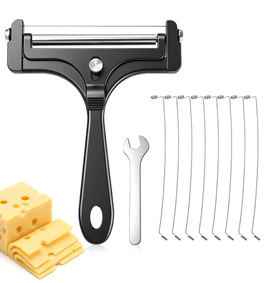 ValueBargain 1 Pcs Cheese Slicers for Block Cheese, Stainless Steel Cheeses Wire Cutter with 8 Replacement Wires & Wrench for Block Butter Cutting (Black)