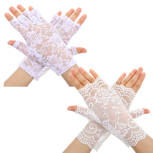 Classicseali 2 Pairs Lace Fingerless Gloves, Floral Elegant Lace Gloves Fingerless for Women Halloween Costume,Fingerlesses Laces Glove for Weddings, Proms, Tea Parties,Dinner Party,White
