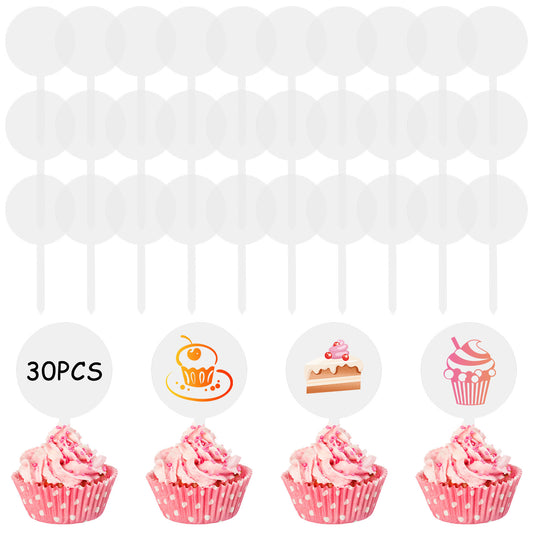 Guduling 30pcs Acrylic Cake Topper, Clear Blank Cupcake Toppers with Sticks, Cake Topper Personalised, Diy Acrylic Blanks for Birthday, Wedding, Baby Shower Decoration
