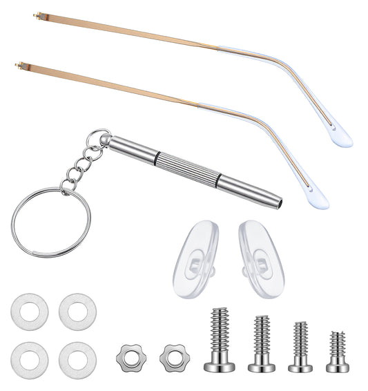 Spectacle Arms Replacement, 1 Set Alloy Metal Glasses Accessories Kit with Screwdriver, Nose Pads, Screws & Washers, Transparent Anti-Slip Tips, Glasses Arms Replacement (Gold)