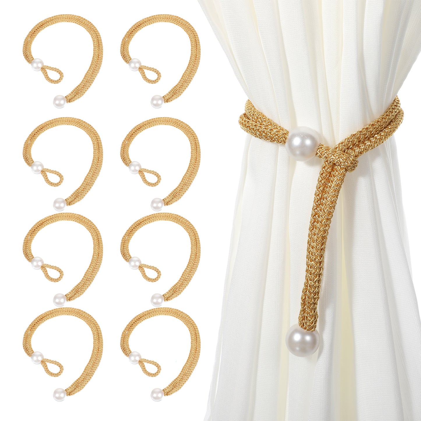Oruola 8pcs Tie Backs for Curtains,Adjustable Gold Tie Backs with Pearl Curtain Rope Buckle Cord Holders,Simple Style Decorative Curtain Tiebacks for Home Hotel Office Window Drapery